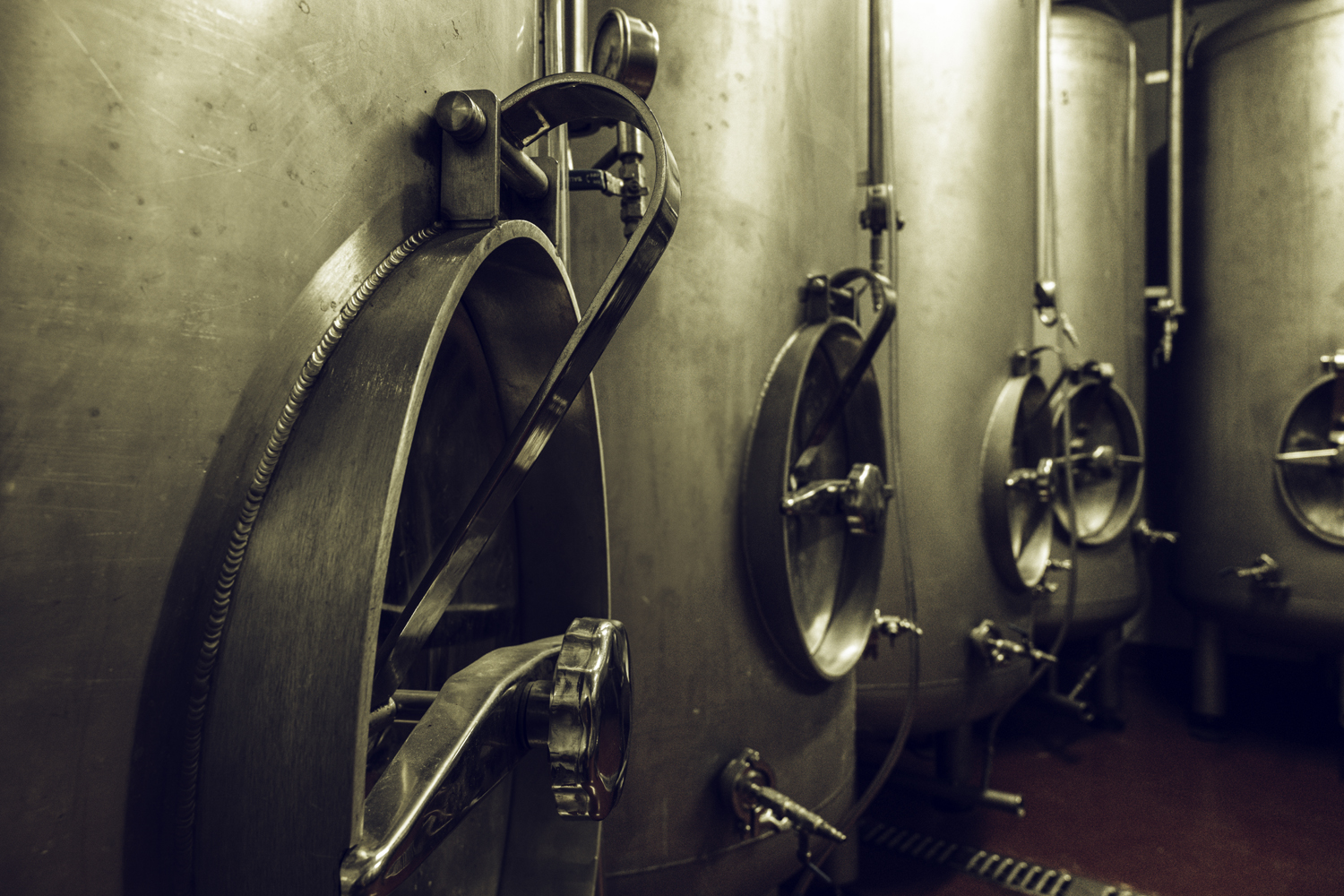 Bright beer tanks at a microbrewery.